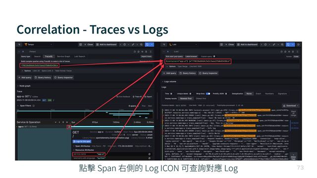 Correlation - Traces vs Logs

點擊 Span 右側的 Log ICON 可查詢對應 Log
