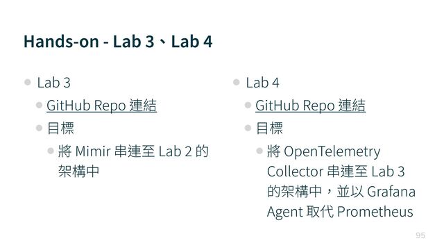 Hands-on - Lab
3
、Lab
4

• Lab
3 

• GitHub Repo 連結


• ⽬標


• 將 Mimir 串連⾄ Lab
2
的
架構中


• Lab
4 

• GitHub Repo 連結


• ⽬標


• 將 OpenTelemetry
Collector 串連⾄ Lab
3
的架構中，並以 Grafana
Agent 取代 Prometheus
