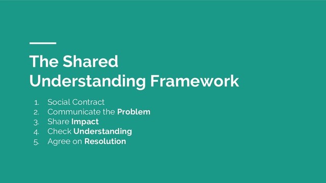 The Shared
Understanding Framework
1. Social Contract
2. Communicate the Problem
3. Share Impact
4. Check Understanding
5. Agree on Resolution
