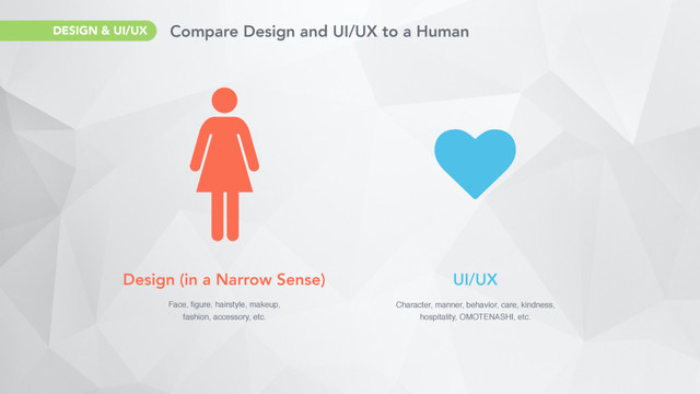 ♥
Design (in a Narrow Sense)
Face, ﬁgure, hairstyle, makeup,
fashion, accessory, etc.
UI/UX
Character, manner, behavior, care, kindness,
hospitality, OMOTENASHI, etc.
Compare Design and UI/UX to a Human
DESIGN & UI/UX
