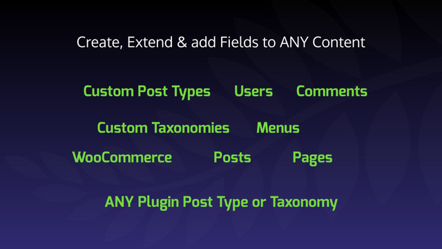 Create, Extend & add Fields to ANY Content
Custom Post Types
Custom Taxonomies
Users
Menus
Posts Pages
Comments
WooCommerce
ANY Plugin Post Type or Taxonomy
