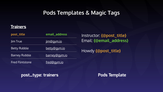 Pods Templates & Magic Tags
post_title email_address
Jim True jim@gym.io
Betty Rubble betty@gym.io
Barney Rubble barney@gym.io
Fred Flintstone fred@gym.io
Trainers
Instructor: {@post_title}
Email: {@email_address}
Howdy {@post_title}
post_type: trainers Pods Template

