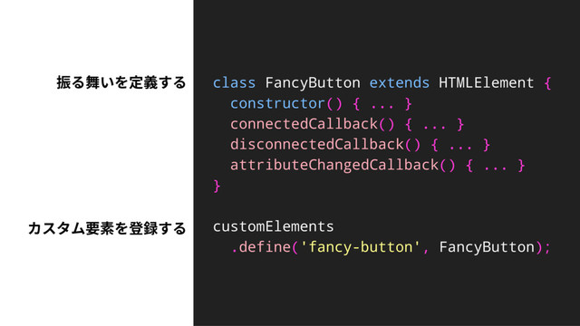 class FancyButton extends HTMLElement {
constructor() { ... }
connectedCallback() { ... }
disconnectedCallback() { ... }
attributeChangedCallback() { ... }
}
customElements
.define('fancy-button', FancyButton);
䮶׷莸ְ׾㹀纏ׅ׷
ؕأةي銲稆׾涫ꐮׅ׷
