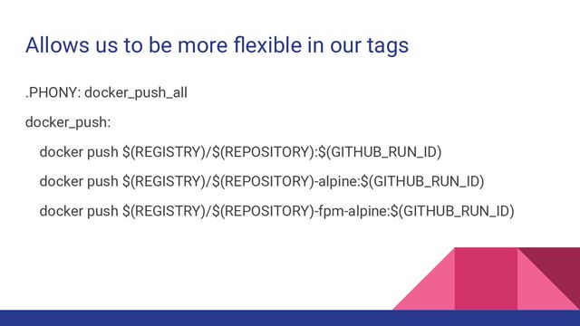 Allows us to be more ﬂexible in our tags
.PHONY: docker_push_all
docker_push:
docker push $(REGISTRY)/$(REPOSITORY):$(GITHUB_RUN_ID)
docker push $(REGISTRY)/$(REPOSITORY)-alpine:$(GITHUB_RUN_ID)
docker push $(REGISTRY)/$(REPOSITORY)-fpm-alpine:$(GITHUB_RUN_ID)
