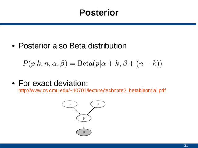 31
Posterior
●
Posterior also Beta distribution
●
For exact deviation:
http://www.cs.cmu.edu/~10701/lecture/technote2_betabinomial.pdf
