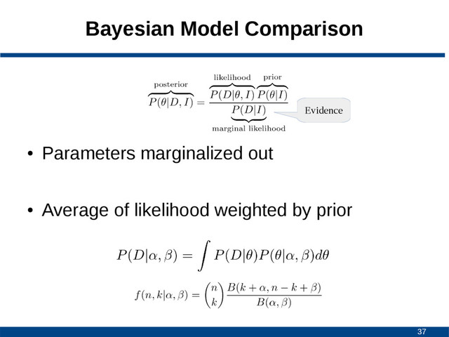 37
Bayesian Model Comparison
●
Parameters marginalized out
●
Average of likelihood weighted by prior
Evidence
