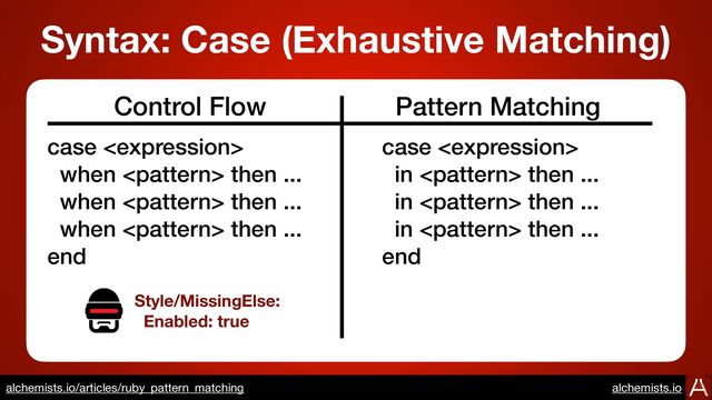 case 


when  then ...


when  then ...


when  then ...


end
case 


in  then ...


in  then ...


in  then ...


end
Control Flow Pattern Matching
Style/MissingElse:
Enabled: true
Syntax: Case (Exhaustive Matching)
https://www.alchemists.io/articles/ruby_pattern_matching
