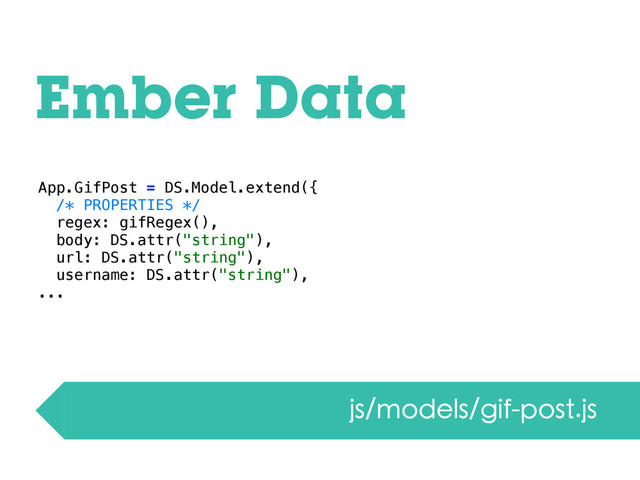 Ember Data
js/models/gif-post.js
App.GifPost = DS.Model.extend({
/* PROPERTIES */
regex: gifRegex(),
body: DS.attr("string"),
url: DS.attr("string"),
username: DS.attr("string"),
...
