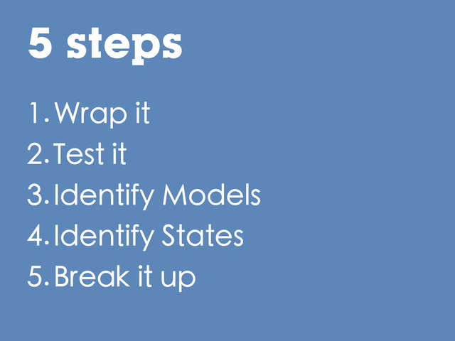 1.Wrap it
2.Test it
3.Identify Models
4.Identify States
5.Break it up
5 steps
