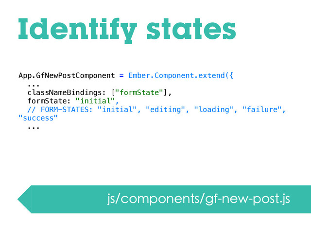 Identify states
js/components/gf-new-post.js
App.GfNewPostComponent = Ember.Component.extend({
...
classNameBindings: ["formState"],
formState: "initial",
// FORM-STATES: "initial", "editing", "loading", "failure",
"success"
...
