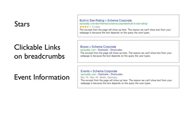 Stars
Clickable Links
on breadcrumbs
Event Information
