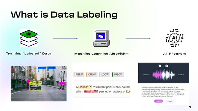 3
Training “Labeled” Data Machine Learning Algorithm AI Program
What is Data Labeling
