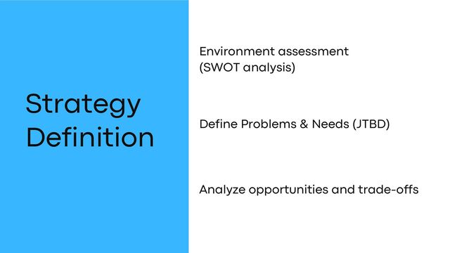 Strategy
Definition Define Problems & Needs (JTBD)
Environment assessment
(SWOT analysis)
Analyze opportunities and trade-offs
