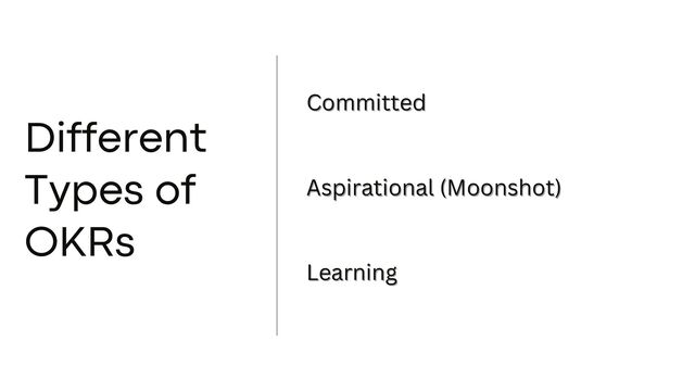 Different
Types of
OKRs
Committed
Committed
Learning
Learning
Aspirational (Moonshot)
Aspirational (Moonshot)
