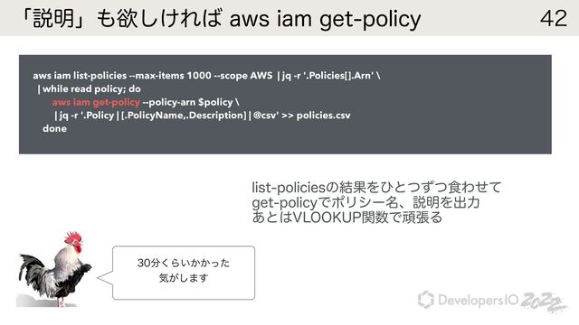 ʮઆ໌ʯ΋ཉ͚͠Ε͹BXTJBNHFUQPMJDZ 
aws iam list-policies --max-items 1000 --scope AWS | jq -r '.Policies[].Arn' \


| while read policy; do


aws iam get-policy --policy-arn $policy \


| jq -r '.Policy | [.PolicyName,.Description] | @csv' >> policies.csv


done
MJTUQPMJDJFTͷ݁ՌΛͻͱͭͣͭ৯Θͤͯ
HFUQPMJDZͰϙϦγʔ໊ɺઆ໌Λग़ྗ
͋ͱ͸7-00,61ؔ਺ͰؤுΔ
෼͘Β͍͔͔ͬͨ
ؾ͕͠·͢
