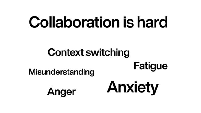 Fatigue
Anxiety
Context switching
Misunderstanding
Anger
Collaboration is hard

