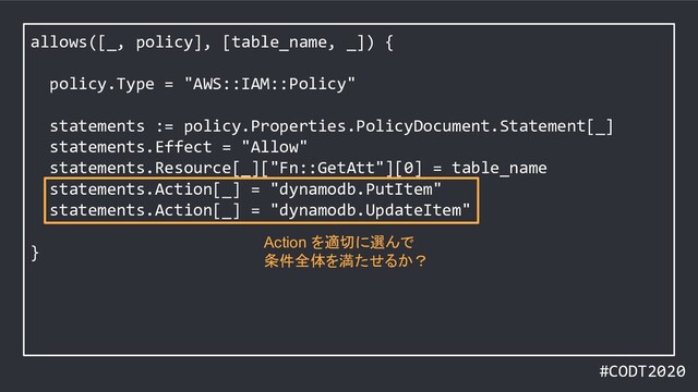 #CODT2020
allows([_, policy], [table_name, _]) {
policy.Type = "AWS::IAM::Policy"
statements := policy.Properties.PolicyDocument.Statement[_]
statements.Effect = "Allow"
statements.Resource[_]["Fn::GetAtt"][0] = table_name
statements.Action[_] = "dynamodb.PutItem"
statements.Action[_] = "dynamodb.UpdateItem"
}
Action を適切に選んで
条件全体を満たせるか？
