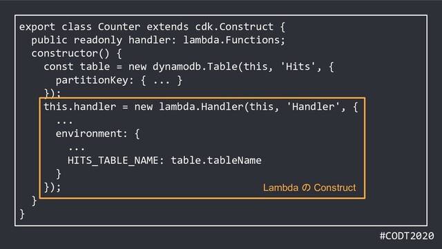 #CODT2020
export class Counter extends cdk.Construct {
public readonly handler: lambda.Functions;
constructor() {
const table = new dynamodb.Table(this, 'Hits', {
partitionKey: { ... }
});
this.handler = new lambda.Handler(this, 'Handler', {
...
environment: {
...
HITS_TABLE_NAME: table.tableName
}
});
}
}
Lambda の Construct
