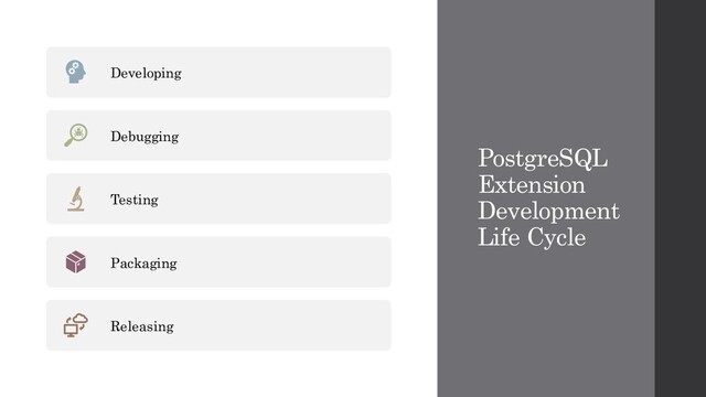 PostgreSQL
Extension
Development
Life Cycle
Developing
Debugging
Testing
Packaging
Releasing
