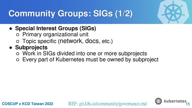 COSCUP x KCD Taiwan 2022 REF: git.k8s.io/community/governance.md
● Special Interest Groups (SIGs)
○ Primary organizational unit
○ Topic specific (network, docs, etc.)
● Subprojects
○ Work in SIGs divided into one or more subprojects
○ Every part of Kubernetes must be owned by subproject
Community Groups: SIGs (1/2)
15
