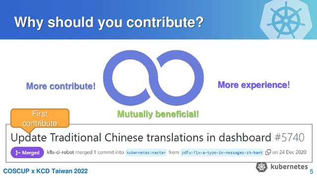 COSCUP x KCD Taiwan 2022
Why should you contribute?
More contribute! More experience!
Mutually beneficial!
First
contribute
5
