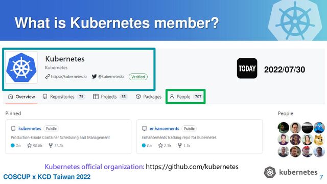 COSCUP x KCD Taiwan 2022
What is Kubernetes member?
Kubernetes official organization: https://github.com/kubernetes
2022/07/30
7
