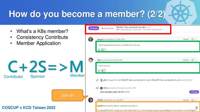 COSCUP x KCD Taiwan 2022
How do you become a member? (2/2)
• What’s a K8s member?
• Consistency Contribute
• Member Application
C+2S=>M
Member
Contributor Sponsor
Join In!
9
