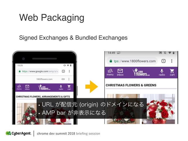 DISPNFEFWTVNNJUCSJFpOHTFTTJPO
Web Packaging
Signed Exchanges & Bundled Exchanges
w63-͕഑৴ݩ PSJHJO
ͷυϝΠϯʹͳΔ
w".1CBS͕ඇදࣔʹͳΔ
