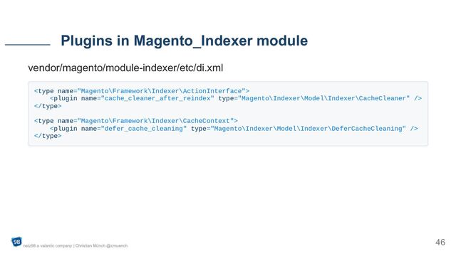 vendor/magento/module-indexer/etc/di.xml












Plugins in Magento_Indexer module
netz98 a valantic company | Christian Münch @cmuench
46
