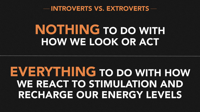 INTROVERTS VS. EXTROVERTS
NOTHING TO DO WITH
HOW WE LOOK OR ACT
EVERYTHING TO DO WITH HOW
WE REACT TO STIMULATION AND
RECHARGE OUR ENERGY LEVELS
