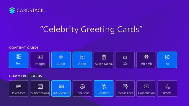 Images Audio Video AI
Text 3D AR / VR
Purchases License Fees
Royalties
Subscriptions Ad Revenue IP Sale
Commission
Donations
Mixed Media
CONTENT CARDS
COMMERCE CARDS
CARDSTACK
“Celebrity Greeting Cards”
Text Audio AI
Royalties
Ad Revenue
Video
