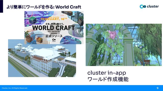 Cluster, Inc. All Rights Reserved. 9
より簡単にワールドを作る: World Craft
cluster in-app
ワールド作成機能
