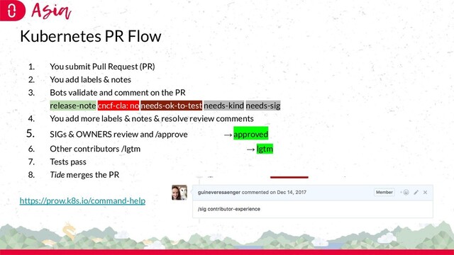 Kubernetes PR Flow
1. You submit Pull Request (PR)
2. You add labels & notes
3. Bots validate and comment on the PR
release-note cncf-cla: no needs-ok-to-test needs-kind needs-sig
4. You add more labels & notes & resolve review comments
5. SIGs & OWNERS review and /approve → approved
6. Other contributors /lgtm → lgtm
7. Tests pass
8. Tide merges the PR
https://prow.k8s.io/command-help
