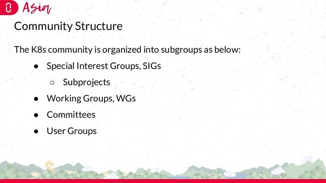 Community Structure
The K8s community is organized into subgroups as below:
● Special Interest Groups, SIGs
○ Subprojects
● Working Groups, WGs
● Committees
● User Groups
