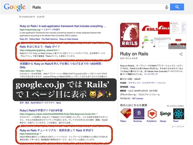 google.co.jp Ͱ͸ ‘Rails’
Ͱ̍ϖʔδ໨ʹදࣔ ✨

