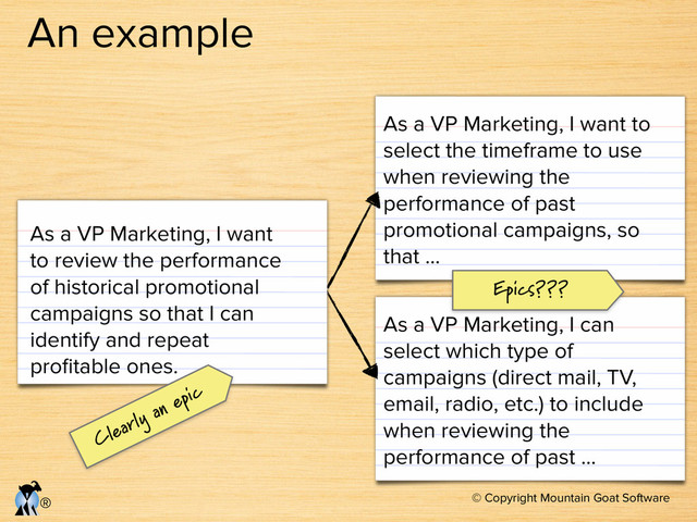 © Copyright Mountain Goat Software
®
An example
As a VP Marketing, I want to
select the timeframe to use
when reviewing the
performance of past
promotional campaigns, so
that …
As a VP Marketing, I can
select which type of
campaigns (direct mail, TV,
email, radio, etc.) to include
when reviewing the
performance of past …
As a VP Marketing, I want
to review the performance
of historical promotional
campaigns so that I can
identify and repeat
proﬁtable ones.
Clearly an epic
Epics???
