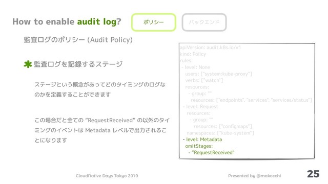 Presented by @makocchi
CloudNative Days Tokyo 2019
25
How to enable audit log?
監査ログのポリシー (Audit Policy)
監査ログを記録するステージ
ポリシー バックエンド
ステージという概念があってどのタイミングのログな
のかを定義することができます
この場合だと全ての “RequestReceived” の以外のタイ
ミングのイベントは Metadata レベルで出力されるこ
とになります
apiVersion: audit.k8s.io/v1
kind: Policy
rules:
- level: None
users: ["system:kube-proxy"]
verbs: ["watch"]
resources:
- group: ""
resources: ["endpoints", "services", "services/status"]
- level: Request
resources:
- group: ""
resources: ["conﬁgmaps"]
namespaces: ["kube-system"]
- level: Metadata
omitStages:
- “RequestReceived"
