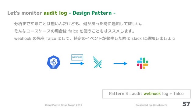Presented by @makocchi
CloudNative Days Tokyo 2019
57
Let's monitor audit log - Design Pattern -
分析まですることは無いんだけども、何かあった時に通知してほしい。
そんなユースケースの場合は falco を使うことをオススメします。
webhook の先を falco にして、特定のイベントが発生した際に slack に通知しましょう
Pattern 3 : audit webhook log + falco
webhook
