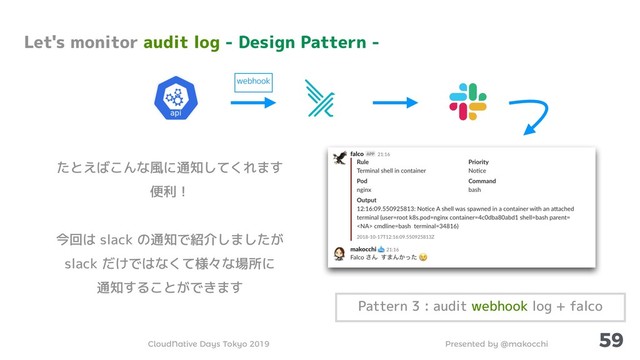 Presented by @makocchi
CloudNative Days Tokyo 2019
59
Let's monitor audit log - Design Pattern -
Pattern 3 : audit webhook log + falco
webhook
たとえばこんな風に通知してくれます
便利！
今回は slack の通知で紹介しましたが
slack だけではなくて様々な場所に
通知することができます
