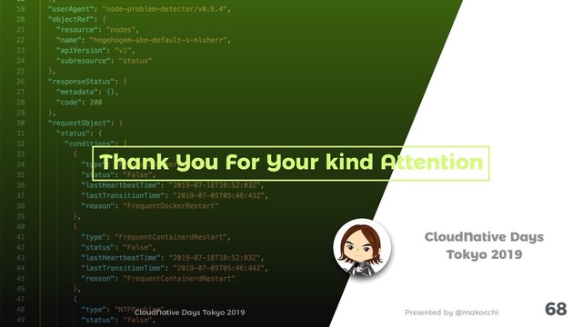 CloudNative Days Tokyo 2019 Presented by @makocchi
68
Thank You For Your kind Attention
CloudNative Days
Tokyo 2019
