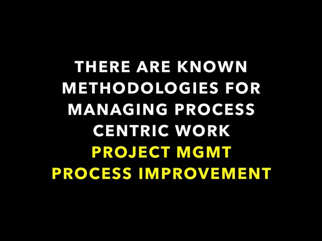 THERE ARE KNOWN
METHODOLOGIES FOR
MANAGING PROCESS
CENTRIC WORK
PROJECT MGMT
PROCESS IMPROVEMENT

