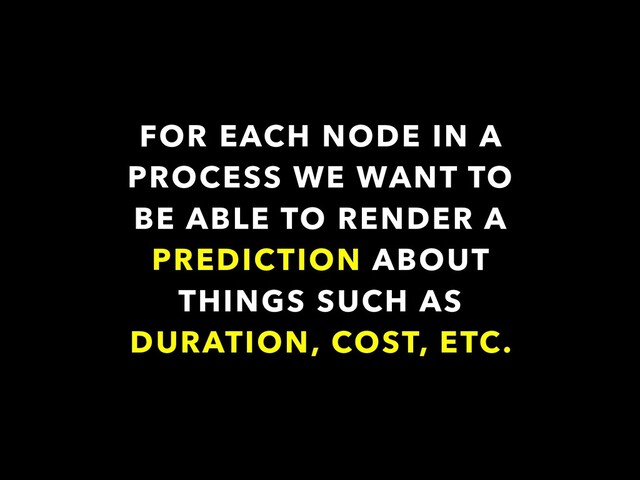 FOR EACH NODE IN A
PROCESS WE WANT TO
BE ABLE TO RENDER A
PREDICTION ABOUT
THINGS SUCH AS
DURATION, COST, ETC.
