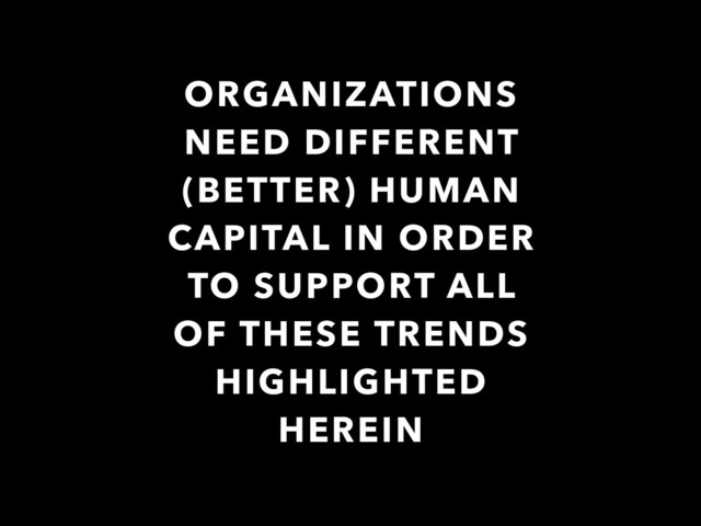 ORGANIZATIONS
NEED DIFFERENT
(BETTER) HUMAN
CAPITAL IN ORDER
TO SUPPORT ALL
OF THESE TRENDS
HIGHLIGHTED
HEREIN
