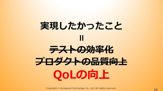 Copyright © Acroquest Technology Co., Ltd. All rights reserved.
18
実現したかったこと
テストの効率化
プロダクトの品質向上
QoLの向上
＝
