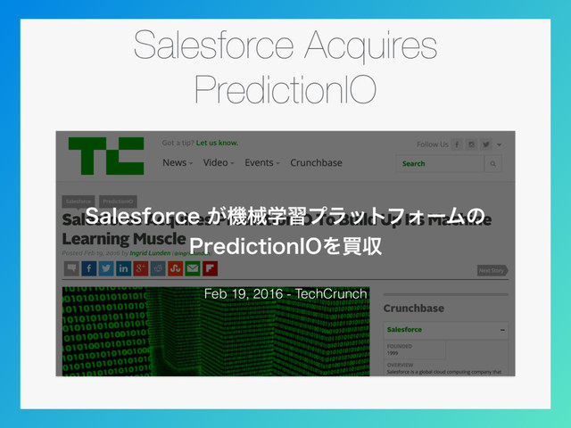 Salesforce Acquires
PredictionIO
Feb 19, 2016 - TechCrunch
4BMFTGPSDF͕ػցֶशϓϥοτϑΥʔϜͷ
1SFEJDUJPO*0Λങऩ
