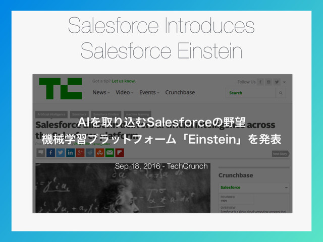 Salesforce Introduces
Salesforce Einstein
Sep 18, 2016 - TechCrunch
"*ΛऔΓࠐΉ4BMFTGPSDFͷ໺๬
ػցֶशϓϥοτϑΥʔϜʮ&JOTUFJOʯΛൃද
