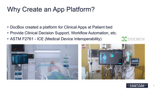 Why Create an App Platform?
• DocBox created a platform for Clinical Apps at Patient bed
• Provide Clinical Decision Support, Workflow Automation, etc.
• ASTM F2761 - ICE (Medical Device Interoperability)
4
