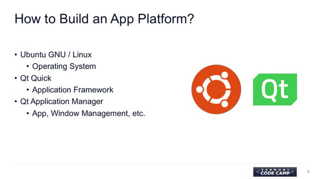How to Build an App Platform?
• Ubuntu GNU / Linux
• Operating System
• Qt Quick
• Application Framework
• Qt Application Manager
• App, Window Management, etc.
6
