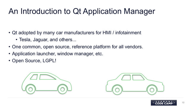 An Introduction to Qt Application Manager
• Qt adopted by many car manufacturers for HMI / infotainment
• Tesla, Jaguar, and others...
• One common, open source, reference platform for all vendors.
• Application launcher, window manager, etc.
• Open Source, LGPL!
10
