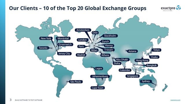 exactpro.com
3 BUILD SOFTWARE TO TEST SOFTWARE
Our Clients – 10 of the Top 20 Global Exchange Groups
